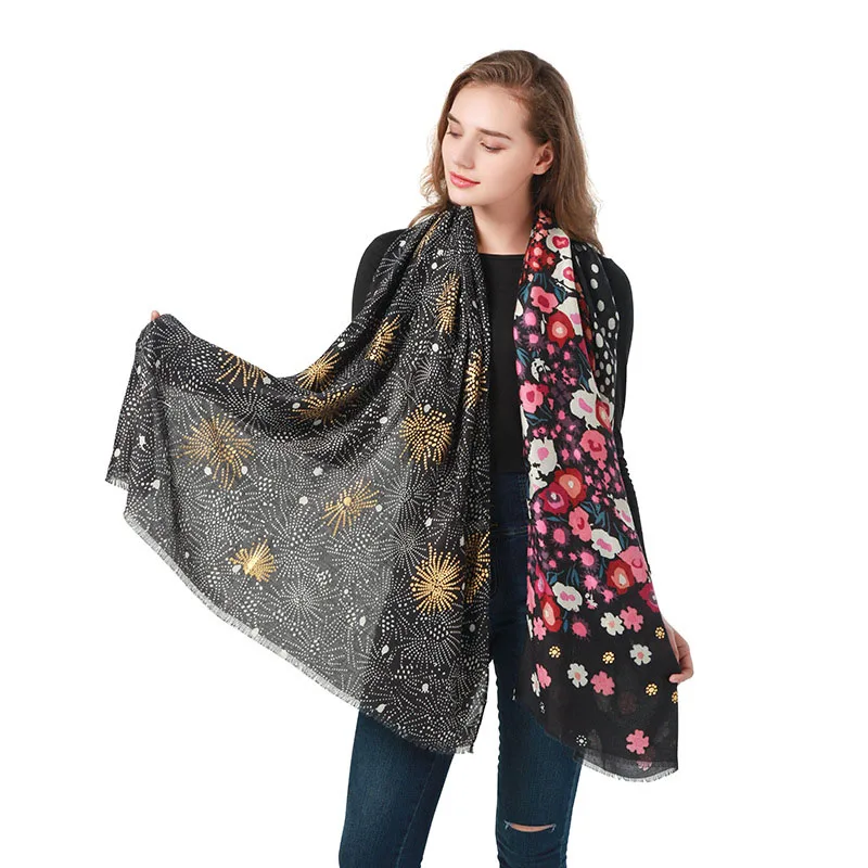 2021 Winter Scarf For Women Cotton Gilding Bandana Foulard Flower Printed Shawl Girl's Warm Sunprotective Hair Scarf Pashmina