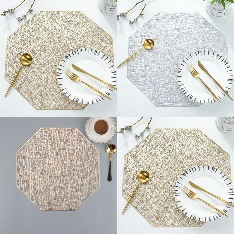 

Heat Resistant Placemat For Dining Table Gold Stamping Flower Octagon PVC Cup Mat Bowl Pad Insulation Table Mat Decoration 1Pc