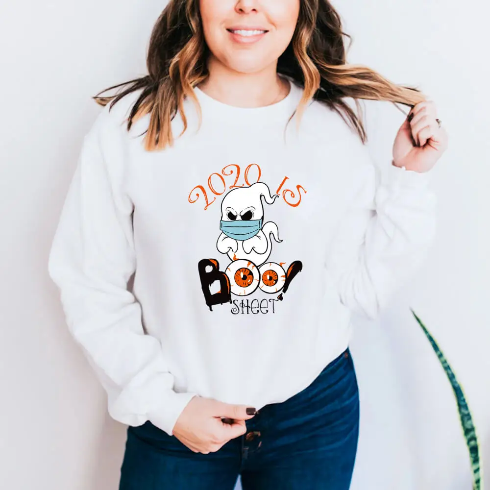 

2020 is Boo Sheet 100%Cotton Colored Printed Halloween Sweatshirts Casual O-Neck Pullovers Long Sleeve Tops New Winter Tops