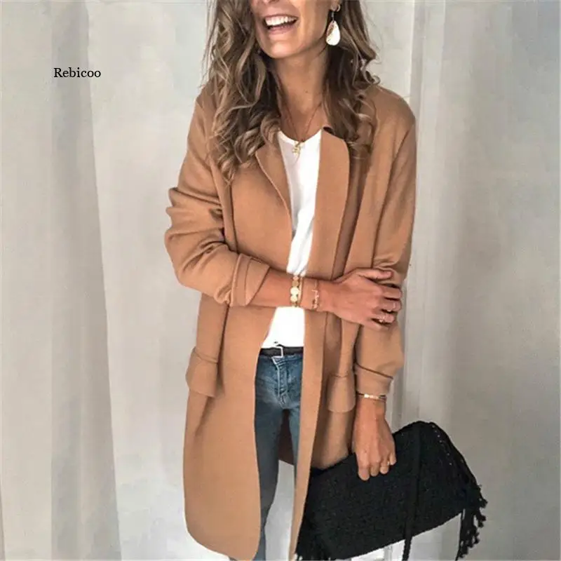 Casual Long Sleeve Elegant Office Ladies Notched Collar Solid Oversized Women Blazer Autumn Jacket 2021 Pockets Female Suit Coat
