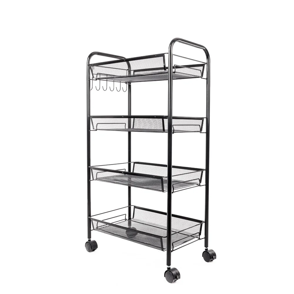 Exquisite Honeycomb Net Four Tiers Storage Cart  Kitchen Cart with Hook Black (44 x 26 x 85)cm (L x W x H)