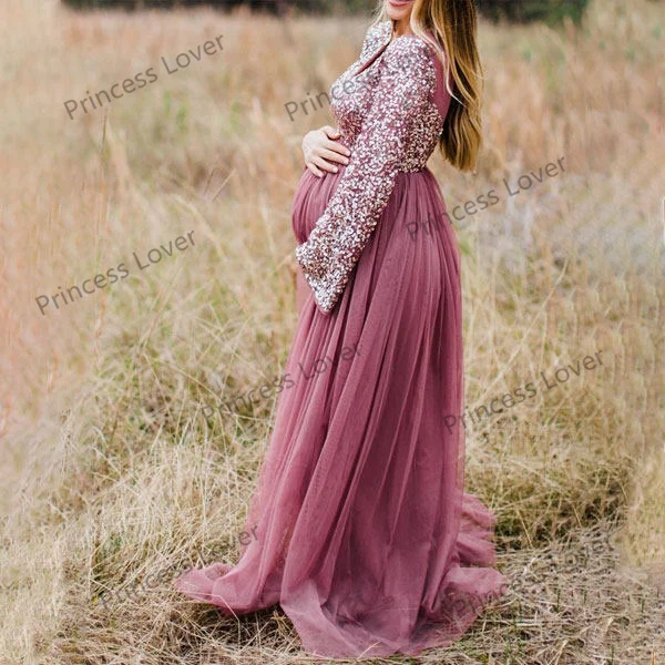 Long Sleeve Prom Dresses for Pregnant Women Sequins Top Maternity Gowns Long Sleeve Pregnancy Photoshoot Robe