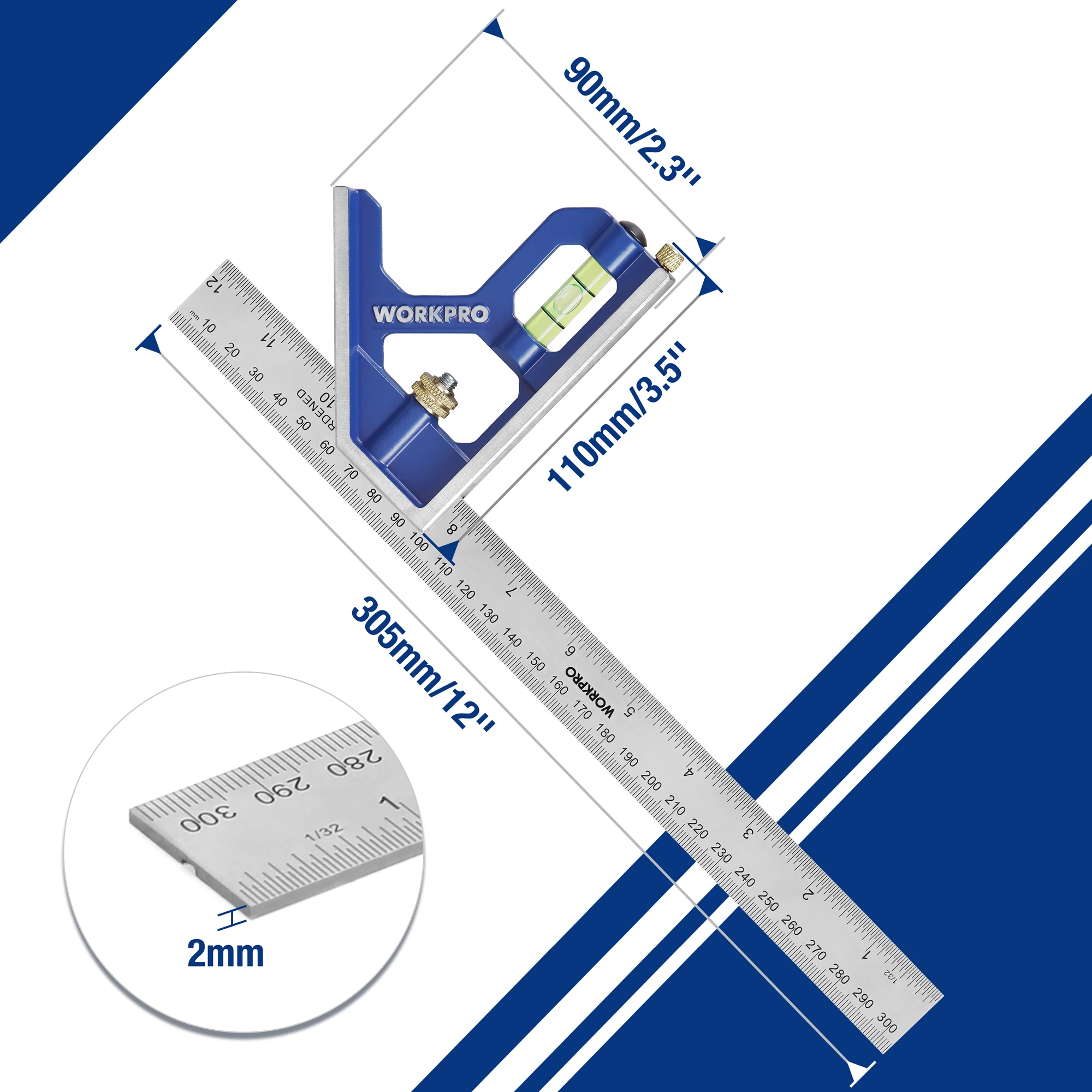 WORKPRO 12inch Combination Square Stainless Steel Angle Ruler Adjustable Carpentry Square with Bubble Level for Engineer Carpent