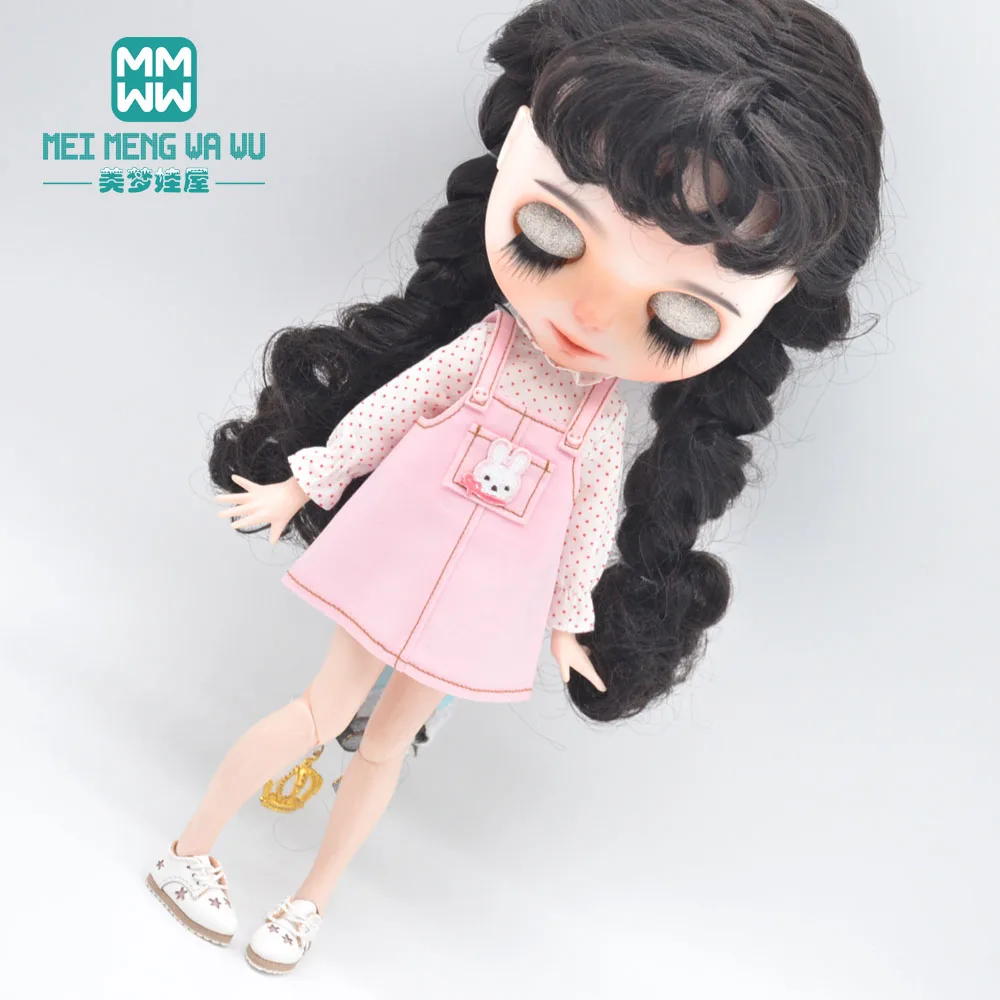 28cm Blyth Doll Clothes Fashion Denim strap dress, collant a righe