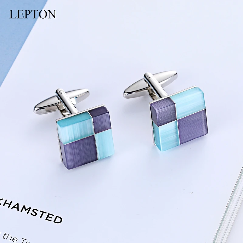 Low-Key Luxury Cat Eye Stone Cufflinks for Mens Shirt Cuffs Cufflink High Quality Square Blue Sandstone Cuff Links Best Gifts