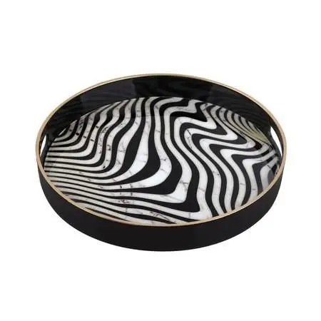 

DOLBOVI Zücev 37 cm Wave Pattern White-Black Round Wooden tray TRAY13 tray поднос plateau de service