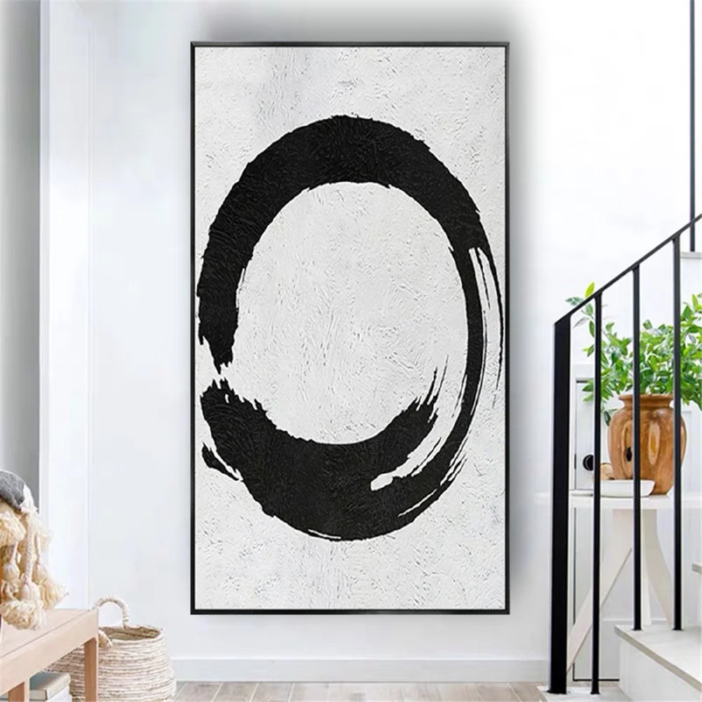 100% Handpainted Art Modern Home Decoration Wall Picture Black White Circle Oil Painting On Canvas For Living Room