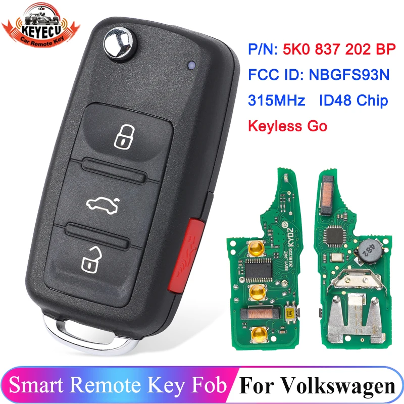 KEYECU Keyless Proximity NBGFS93N 5K0837202BP For Volkswagen VW Jetta Passat 2015 2016 2017 2018 2019 Remote Key 315MHz MQB48