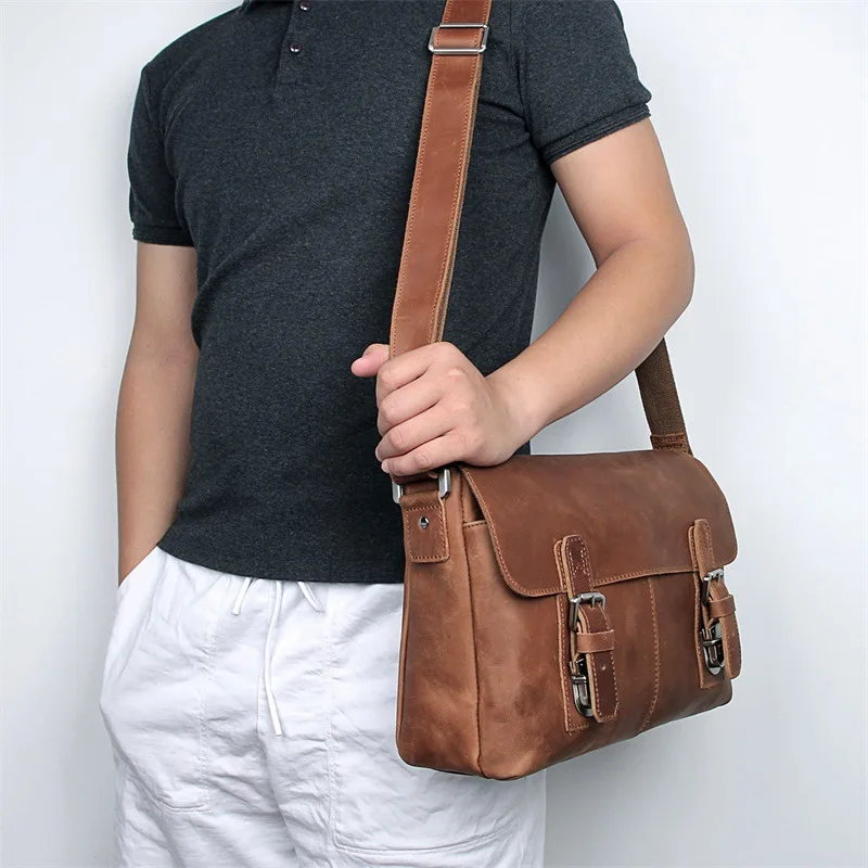 Nesitu High Quality Brown Vintage 100% Thick Genuine Crazy Horse Leather Cross Body Men Messenger Bags Male Shoulder Bag M6002