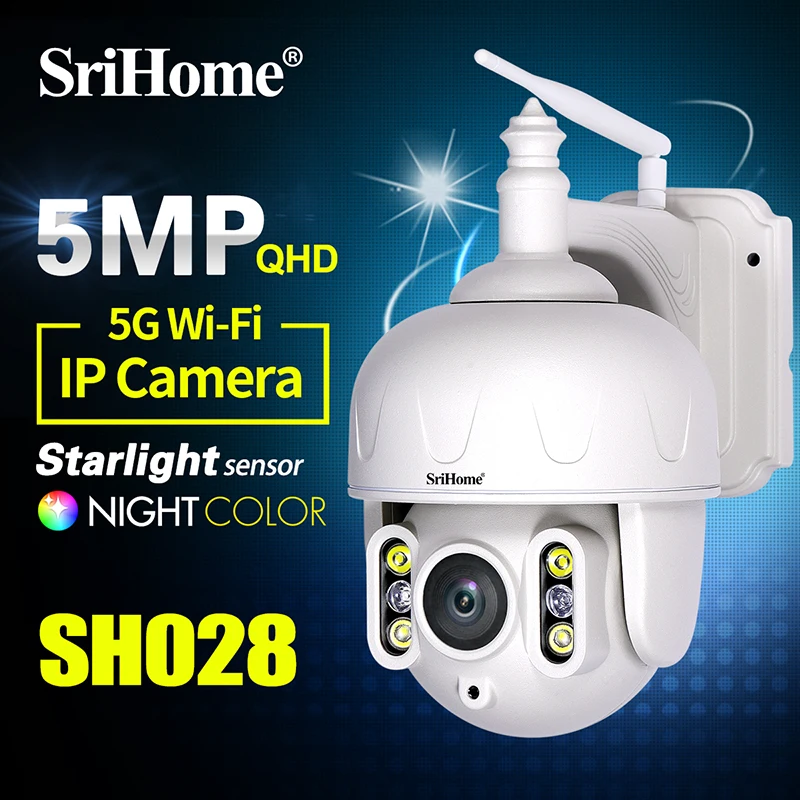 

Srihome SH028 HD 5.0MP 2.4G & 5G Wifi IP Camera Outdoor Waterproof PTZ Two-Way Audio Full-Color Night Vision Surveillance CCTV