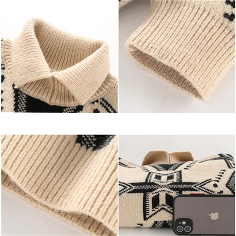 Korean Style Kids Thicken Knit Turtleneck Baby Boys Sweater Children Fashion Print Warm Sweater Winter Teenage Clothes 5-14Years