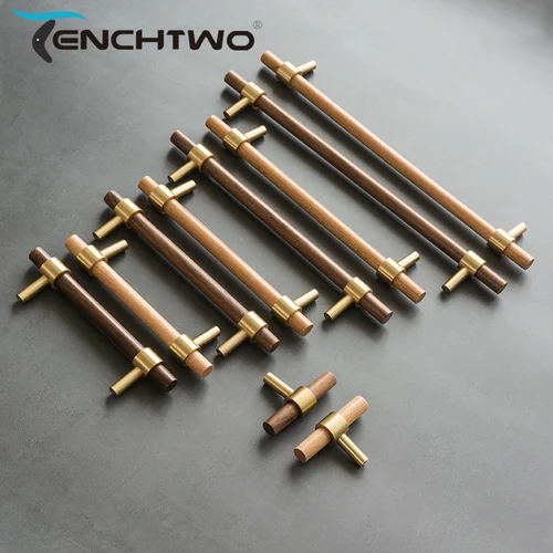 Imagen 2 del producto Tiradores nórdicos modernos para armario de cocina, manijas de muebles de latón dorado, negro y nogal, pomos de madera para puerta de cajón de armario