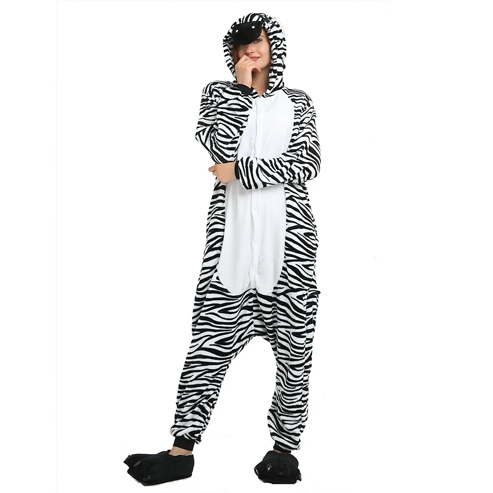 Kigurumi Zebra Onesie Adult Women Sleepwear Costume Animal Pajamas One Piece Flannel Winter Warm Loose Men Couple Cosplay Pyjama