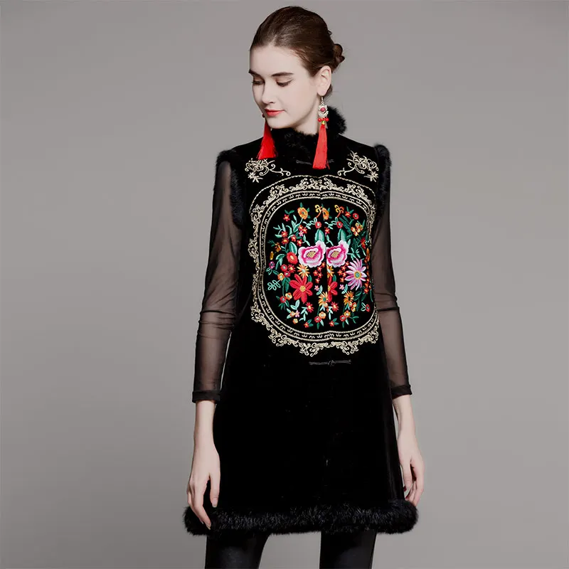 Autumn winter tops women vest vintage Elegant Floral embroidery loose lady outwear Rabbit hair sleeveless overcoat female S-XXL