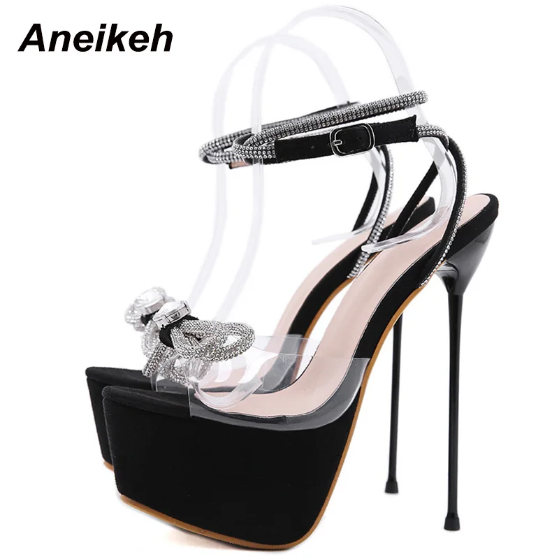 Aneikeh Shoes For Women 2024 Sweet Butterfly-Knot Bordered Bling Crystal Patchwork High Heels Sandals PVC NEW Summer 34-40 Black