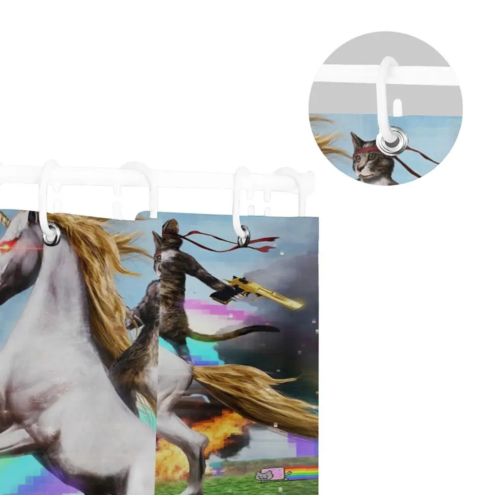 Waterproof Unicorn Shower Curtain Cat Hero With Gun Bath Curtain Polyester Fabric Washable Curtain Bathroom Decor With 12 Hooks