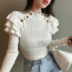 Full Sleeve Turtleneck Buttons Sweater Jumpers Girls Stretchy Chic Ruffles Autumn Spring Sweaters Pullovers Tops Women