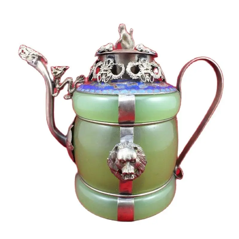 

Chinese Old Tibetan Silver Dragon Lion Green Jade Cloisonne Teapot Monkey Lid