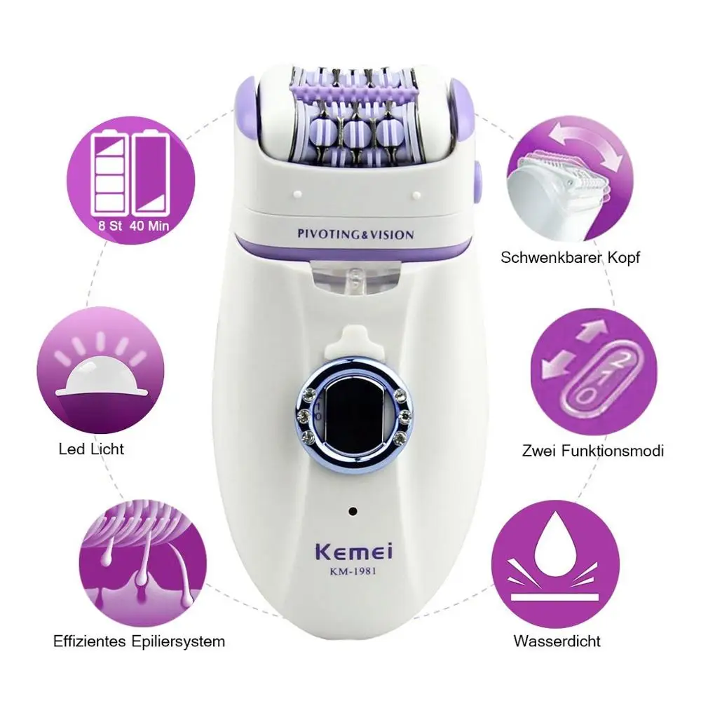 Kemei 3 in 1 Women Epilator Electric Female Face Hair Removal Lady Shaver Bikini Trimmer Body Depilatory Rechargeable Depilation