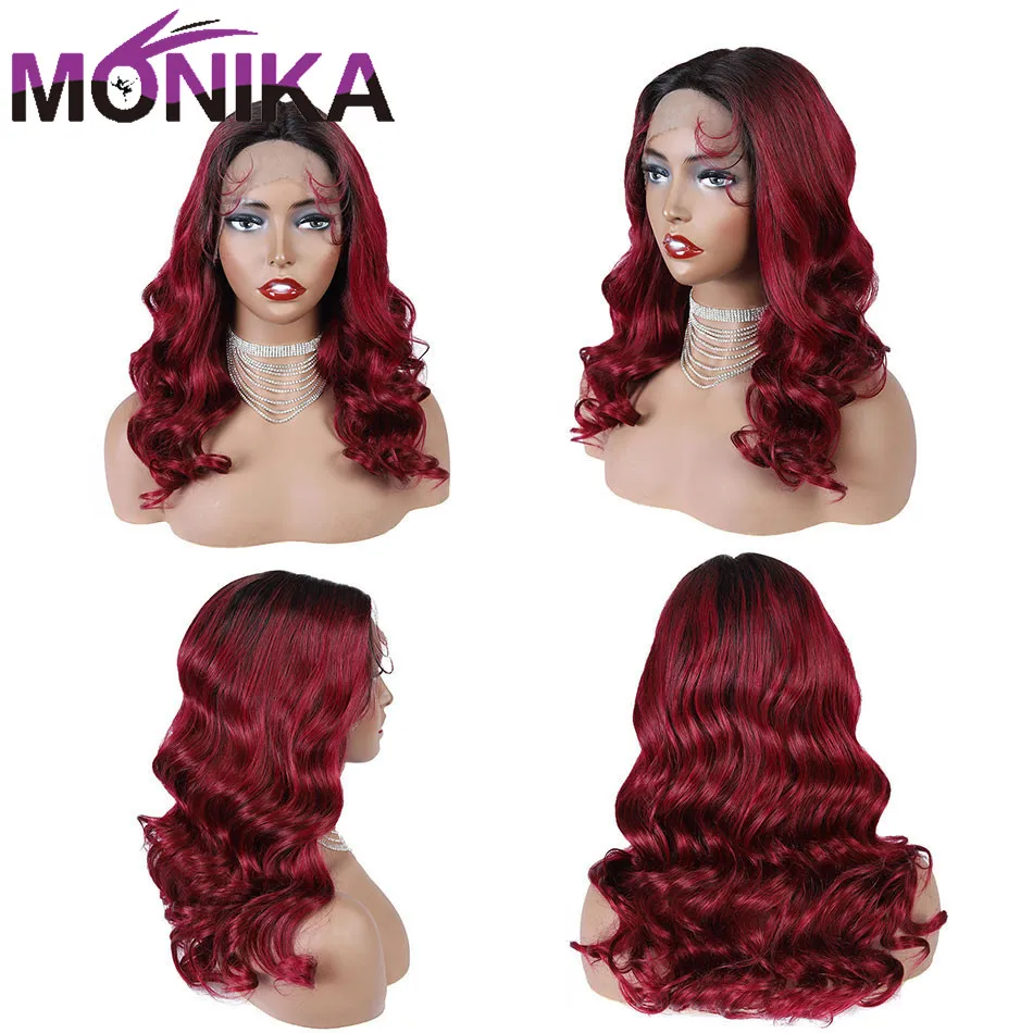 Monika Pruik India Lichaam Wave Haar Lijmloze Deel Lace Pruik 1B99J Burg Remy Haar 150% Dichtheid Gekleurde Menselijk Haar Pruiken voor Zwarte Vrouwen