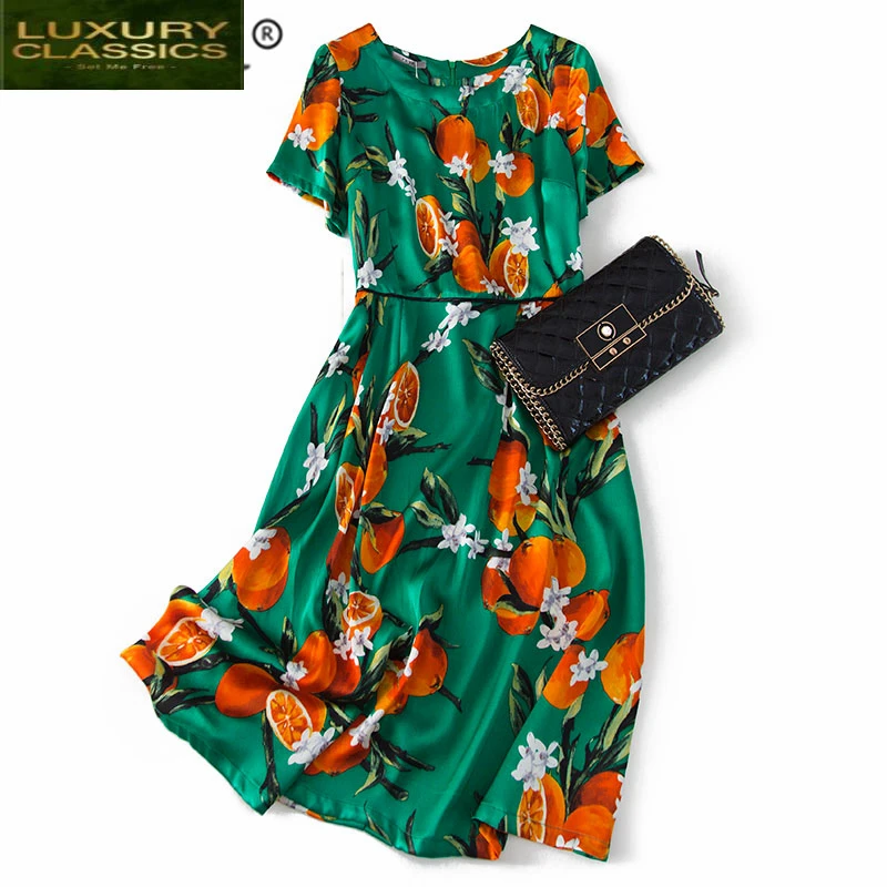 

Real Silk Summer Vintage Dress Women Clothes 2021 Boho Green Floral Long Dresses Woman Elegant Print Beach Vestidos A0609