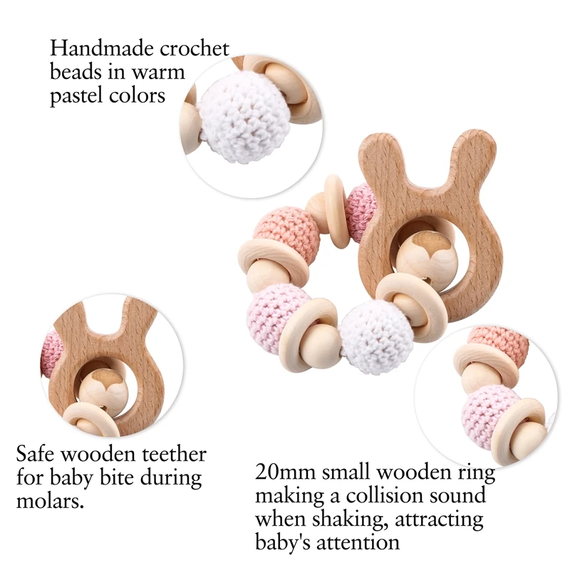 Let\'s Make Baby Rattle Bracelet Wooden Toys Crochet Beads Baby Teether Christmas Gift Hedgehog Elk  Wood Crafts Ring Engraved