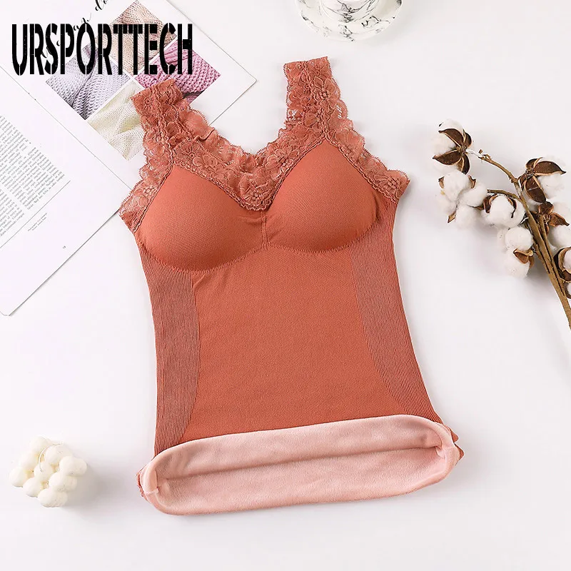 New Style Winter Warm Lace Top Vest Women Lace Slim Fit Plus Velvet Top Thick Oversized Women Thermal Vest Lace Fleece Tank Tops