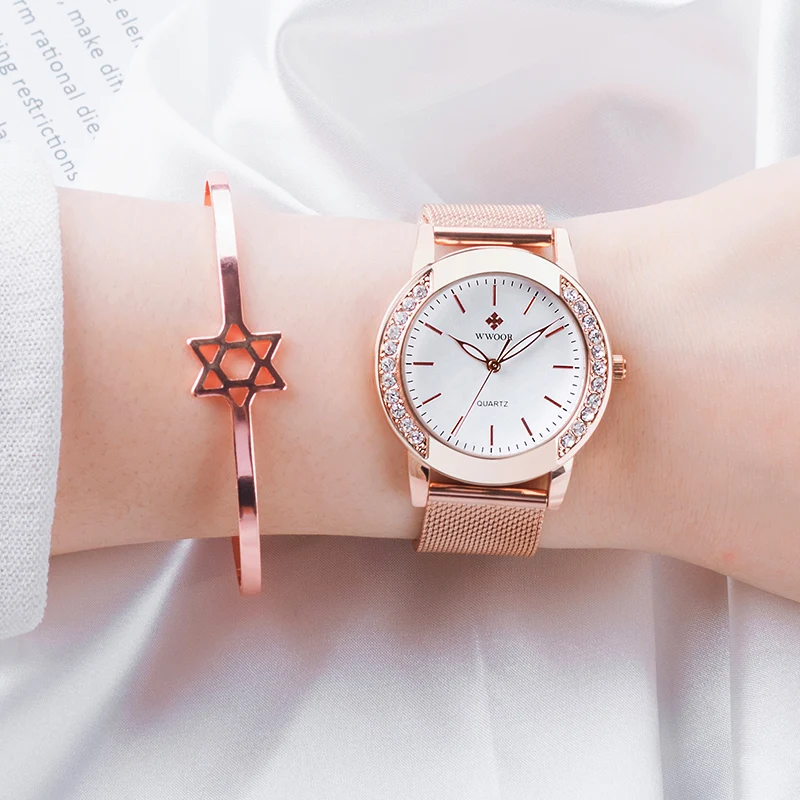 WWOOR-relojes de lujo de oro rosa para Mujer, a la moda Reloj de pulsera con diamantes, vestido informal, malla de acero