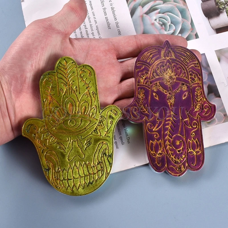 Khamsah Hamsa Hand Coaster Epoxy Resin Silicone Mold Fatima Hand Tray Resin Casting Mold Elephant in the Palm Soap Mold