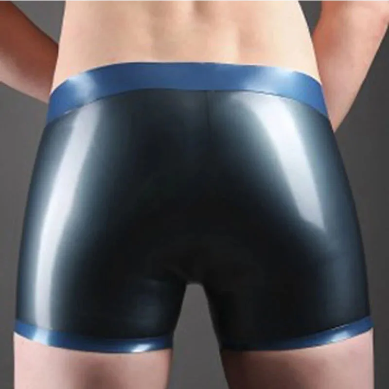 Handmade Blue and Black Latex Rubber Boxer Panties with Pocket for Men Fashion Shorts Underwear