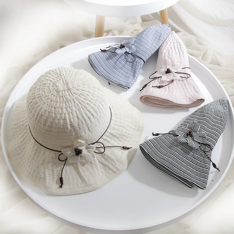 

H7639 Spring Summer Bucket Hat Women Wide Eave Striped Sunshade Sunscreen Fisherman Cap Seaside Beach Tourism Folding Cloth Hats