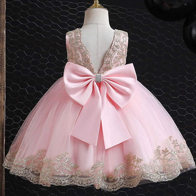 Princess Baby birthday communion party dance lace dress flower girl new year\'s new Christmas party big bow Tutu Dress