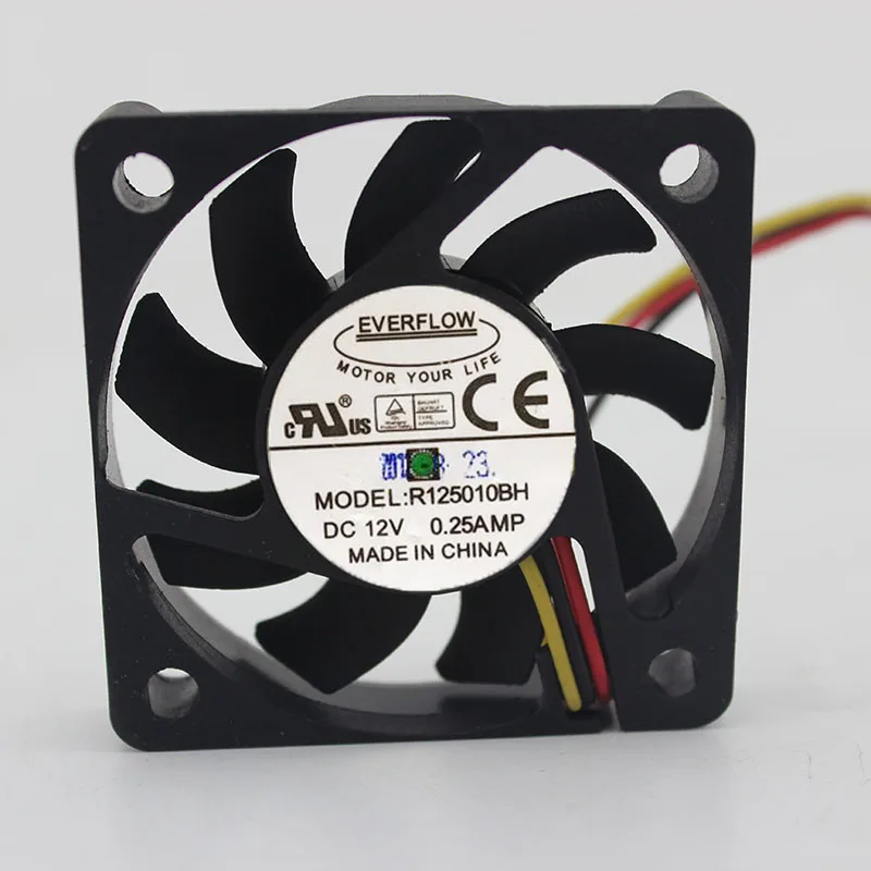 Free Shipping For EVERFLOW R125010BH DC 12V 0.25A 3-wire 3-pin connector 60mm 50x50x10mm Server Square Cooling fan