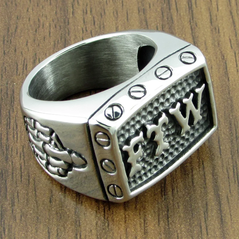 Punk stal nierdzewna 316L kolor srebrny czarny FTW środkowy palec mechaniczny śruba Motor Cycle Letter pierścień motocyklisty sport Rider Ring