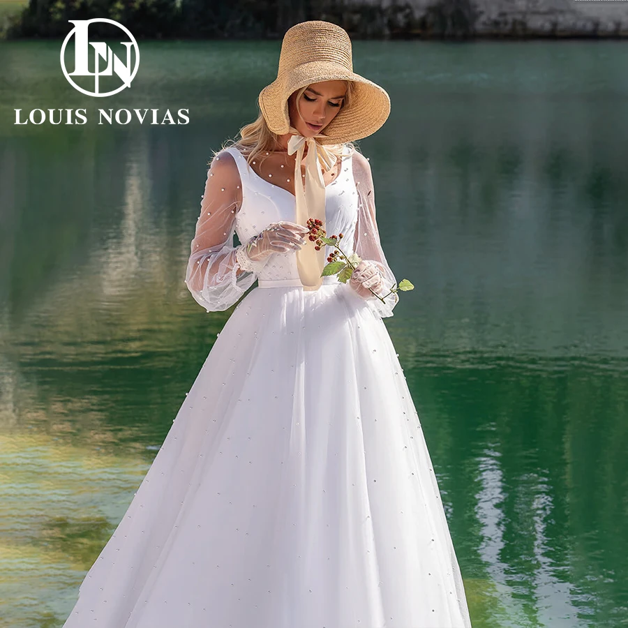 LOUIS NOVIAS A-Line Wedding Dress 2022 Elegant Loose Long Sleeve Bridal Gown Pearl Tulle Sweetheart Illusion Vestidos De Novia