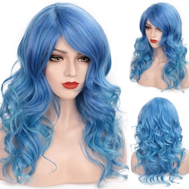 

VICWIG 24inch Long Green Blue Wavy Cosplay Wigs with Side Bangs Heat Resistant Synthetic Wig for Women