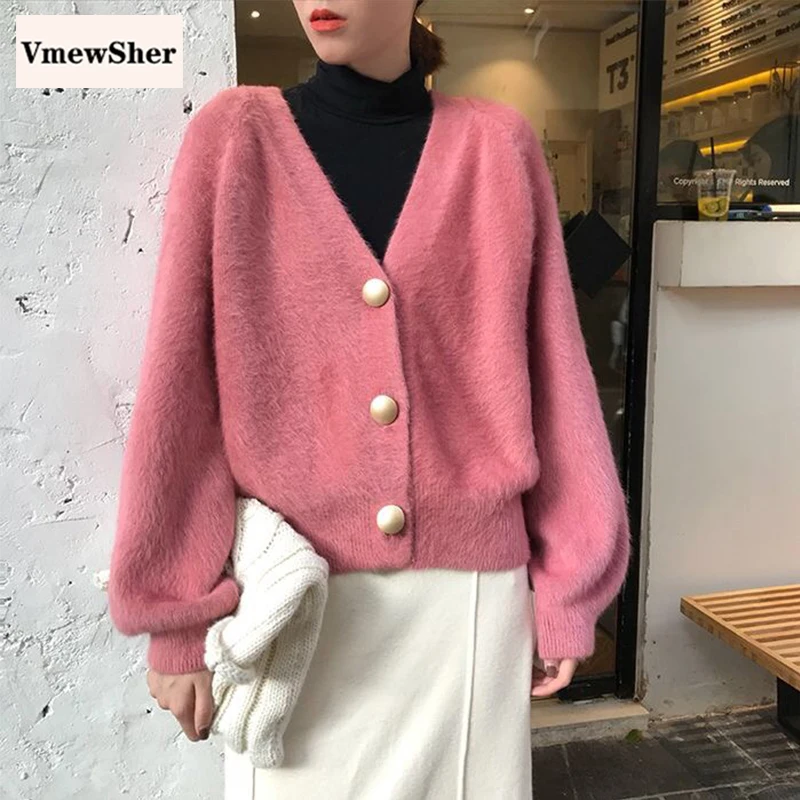 

VmewSher New Faux Mink Cashmere Fur Women Cardigan Spring Autumn V-Neck Single Breasted Casual Female Sweater Soft Warm Knitwear