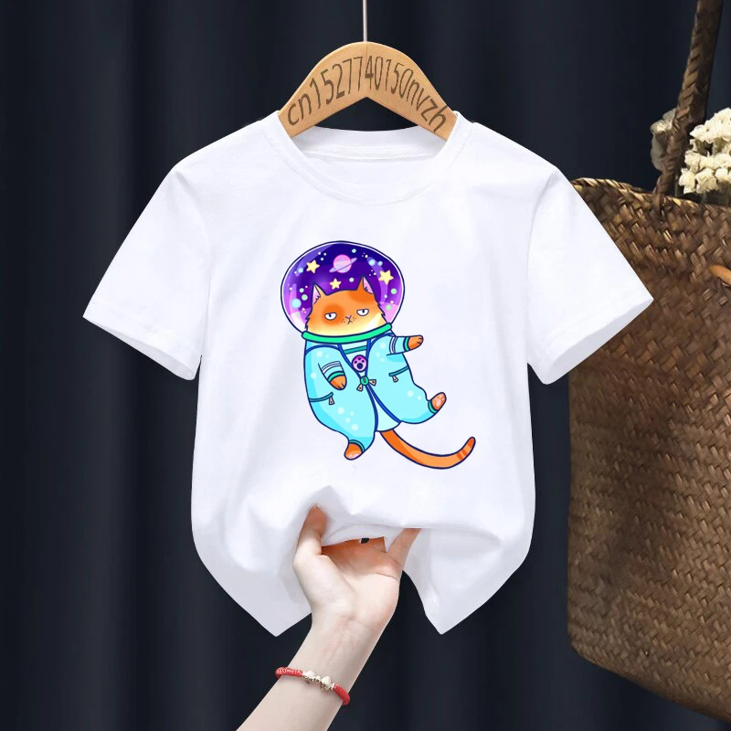 2021 New Kawaii Cosmocat Print Boys/Girls White T-shirt Pink Kid Summer Kawaii Funny Clothes Little Baby Y2K Clothes,Drop Ship