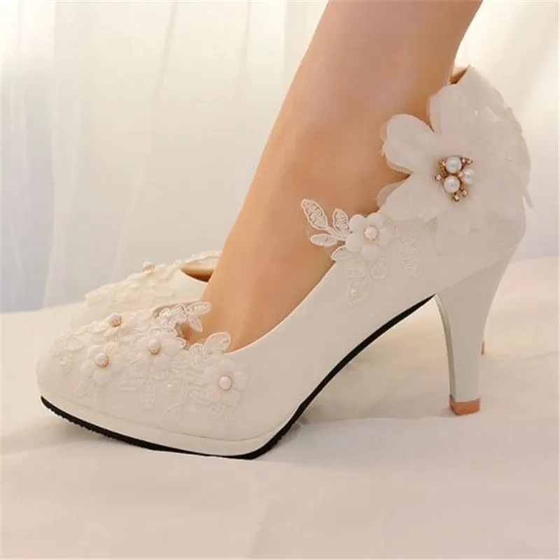 Classic white lace flower wedding shoes woman high heels 2019 women low heels bridal shoes female shoes plus size 41 42