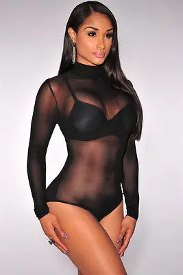 Womens Long Sleeve Sheer Mesh Stretch Bodysuit Ladies Leotard Body Top