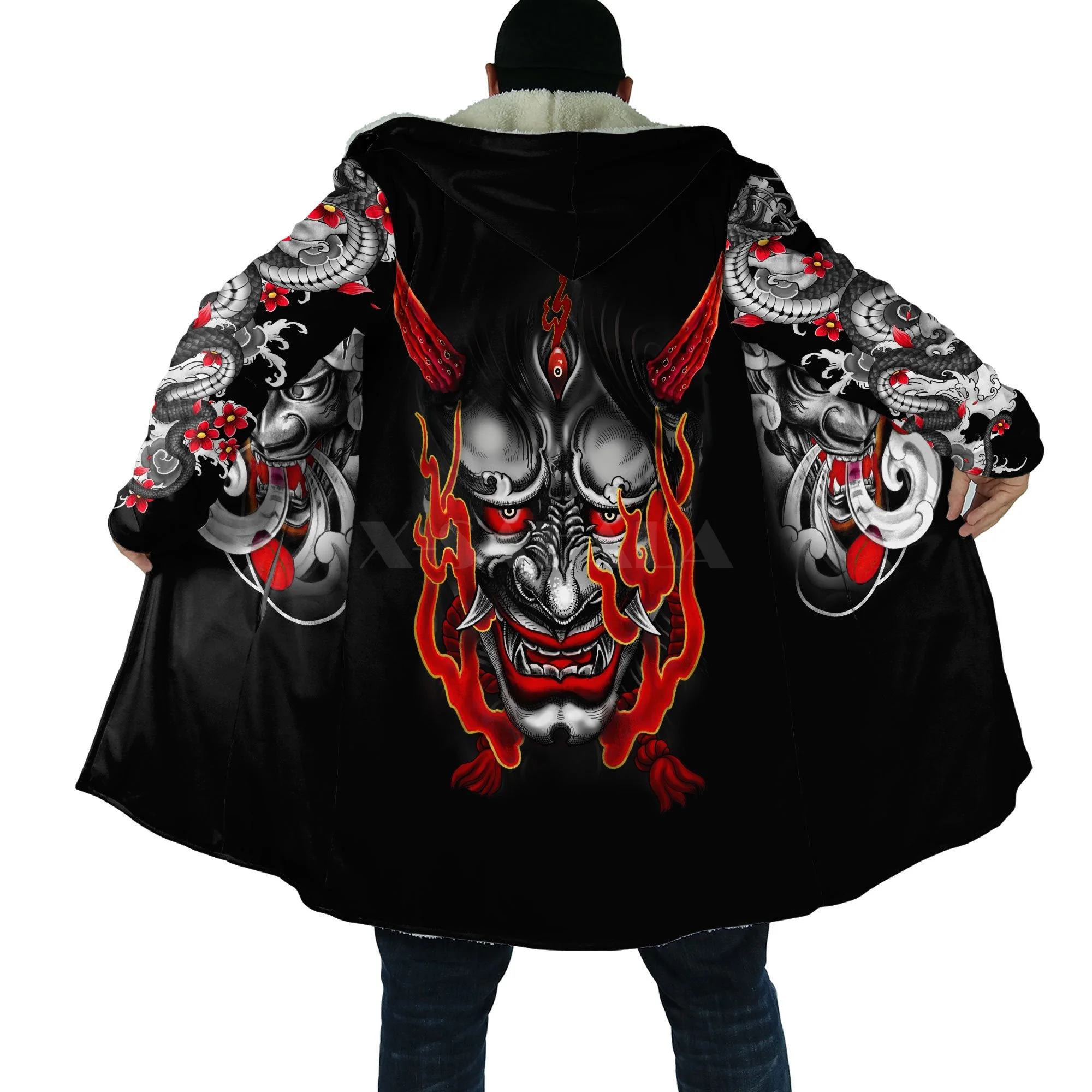 

Oni Mask Tattoo Samurai Mask Tattoo Overcoat Coat Printed Thick Warm Hooded Cloak for Men Windproof Fleece Unisex Casual-2