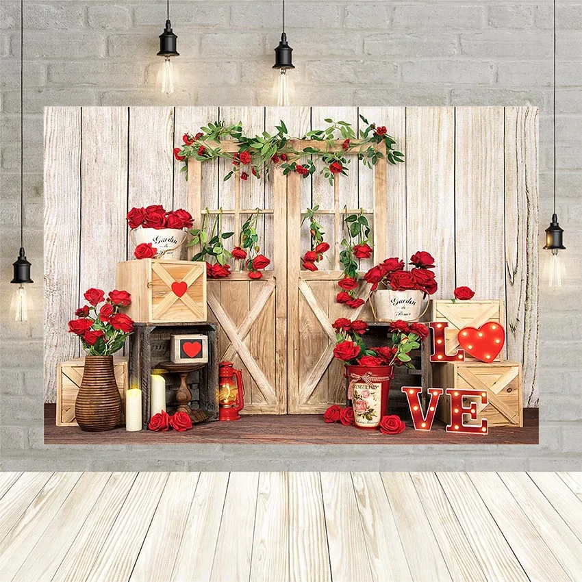 Mehofond-fondo fotográfico con diseño de rosa roja para estudio fotográfico, telón de fondo con diseño de flor y jardín, puerta de madera, pared, amor, Día de San Valentín, retrato