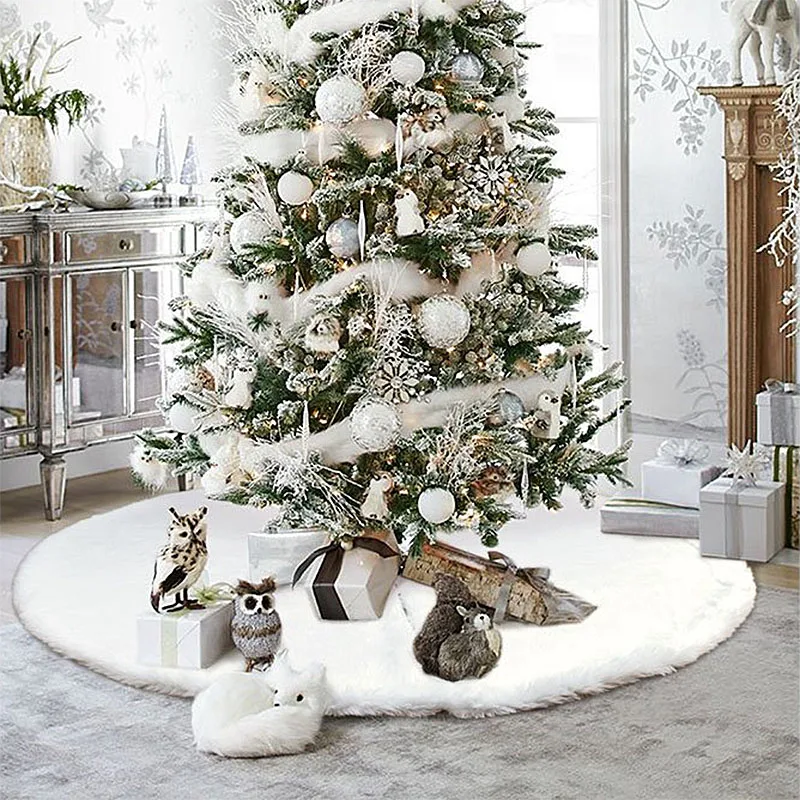 1pc White Christmas Tree Skirt Plush Faux Fur Carpet Xmas Floor Mat Ornaments Wedding Birthday New Year Christmas Tree Decor