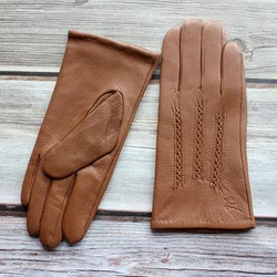 Guantes de cuero de piel de cabra para hombre, patrón de piel de ciervo para exteriores, motocicleta, montar, a prueba de viento, frío, otoño e invierno, guantes gruesos y cálidos