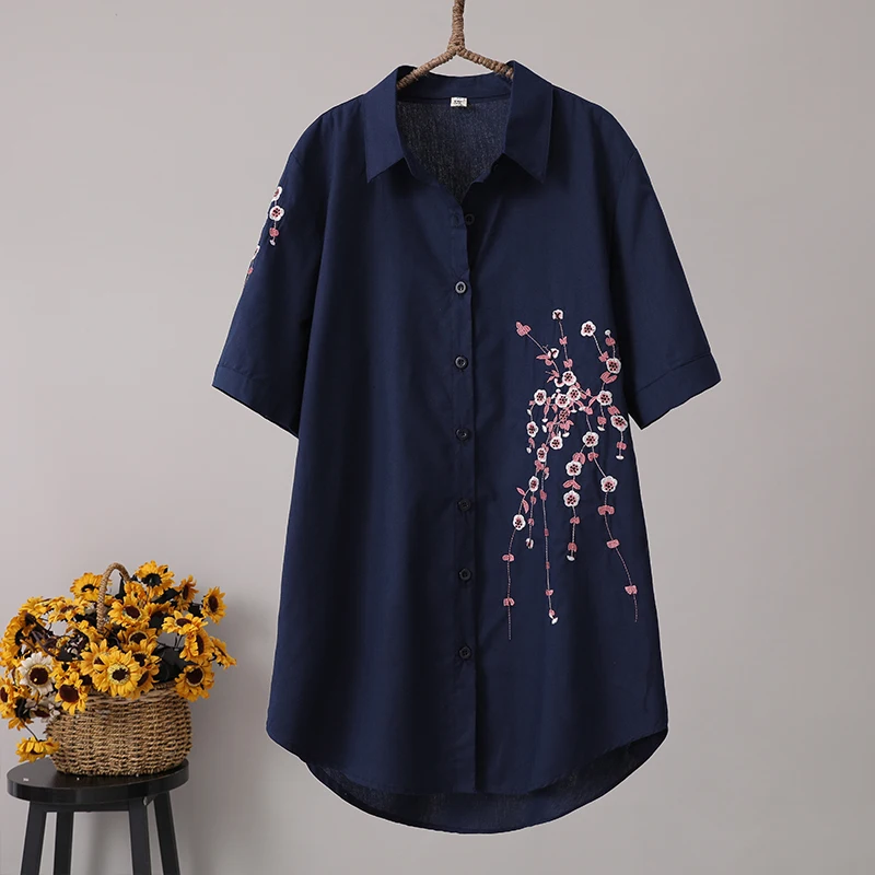 Blusa holgada de manga corta con bordado de flores para primavera y verano, camisa elegante de algodón 2021, estilo étnico, 100%