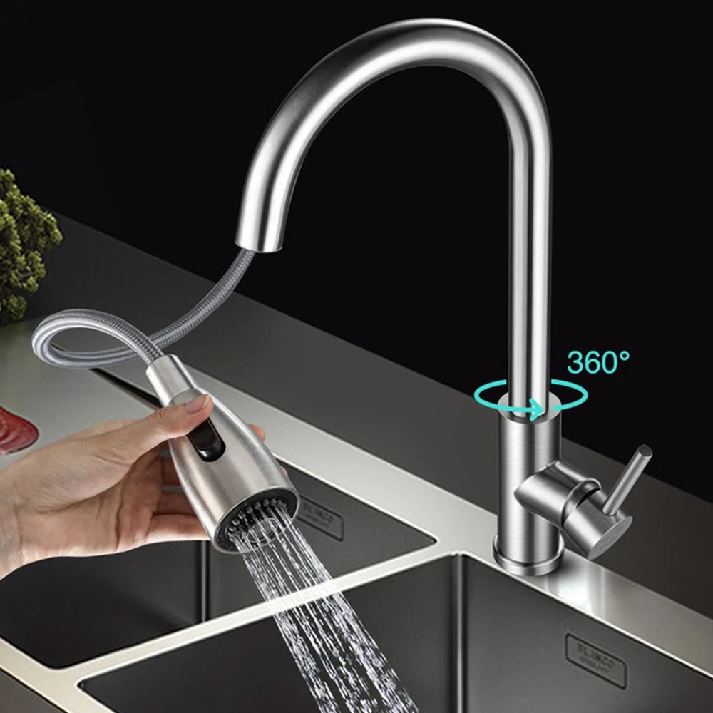 Robinet mitigeur d'eau chaude et froide, mitigeur extractible en laiton chromé pour évier de cuisine noir, robinet en acier inoxydable 304 à Rotation à 360 degrés, 2 fonctions