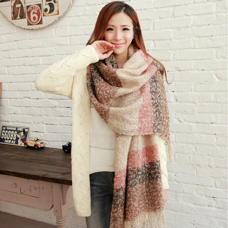 

Women Fall Winter Mohair Cashmere Like Scarf Long Size Warm Fashion Scarves & Wraps For Lady Casual Patchwork Accessories