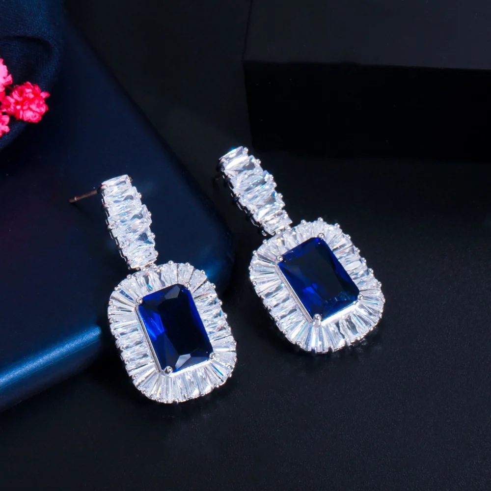 Pera Designer Royal Blue Cubic Zirconia Big Dangle Square Bridal Wedding Costume Necklace Earrings Jewelry Sets for Women J412