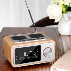 Wooden Alarm Clock Radio Portable Retro Radio Bluetooth Speaker Digital FM Radio Multi-Functional MP3 Player Supports Micro USB