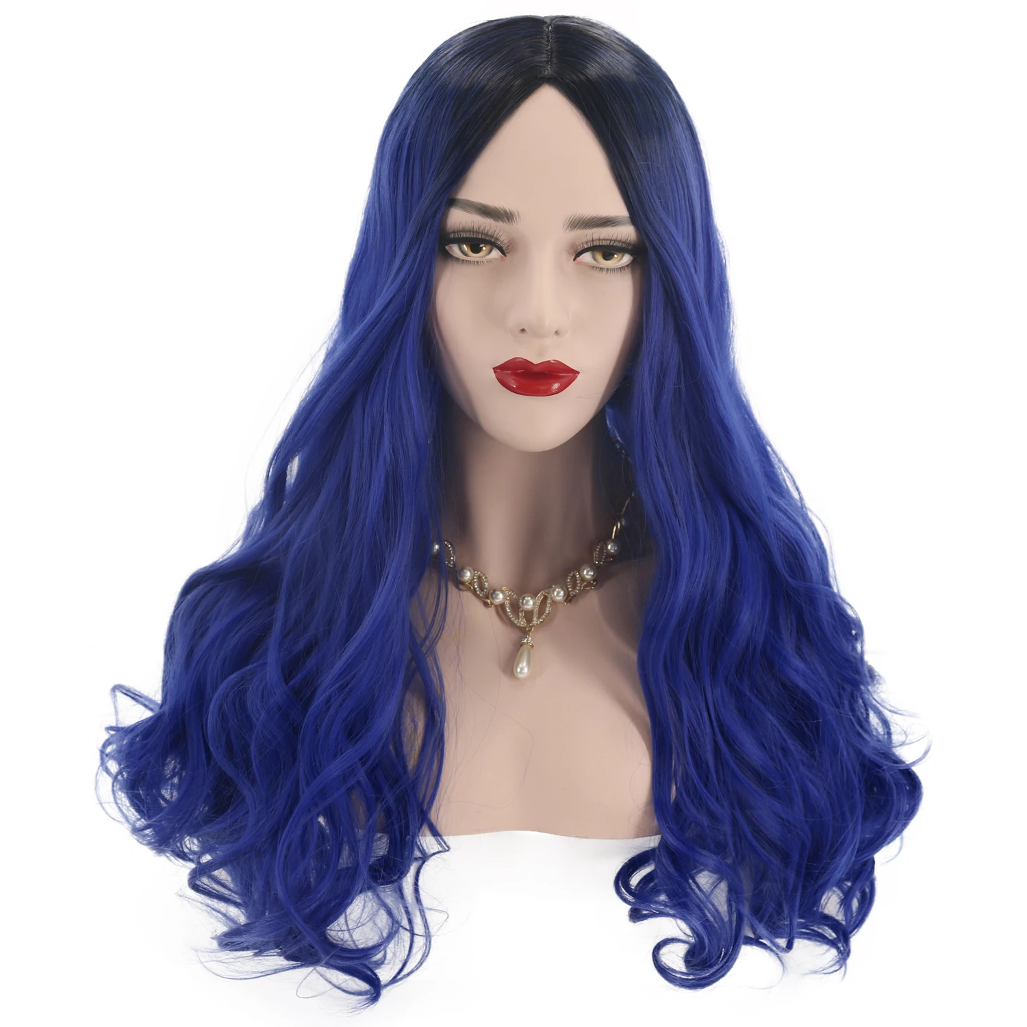 Movie Descendants 3 Evie Anime Cosplay Wig Halloween Carnival Party For Adult Dark Blue Ombre Black Long Wavy Wig 65cm + Wig Cap